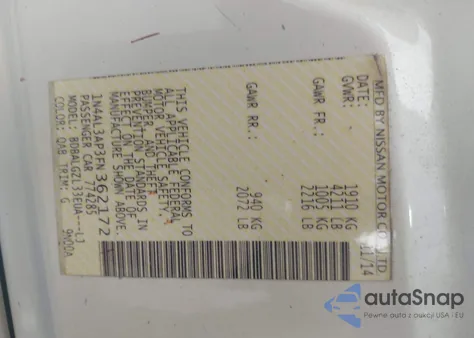 2015 Nissan Altima 2.5 S z USA, uszkodzony, nr VIN 1N4AL3AP3FN362172